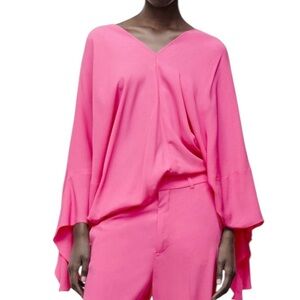 Zara Hot Pink Fluid Batwing Wide Tie Sleeve Blouse - XS
